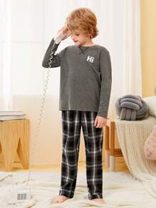 SHEIN Leap Crew Boys Letter Graphic Tee & Plaid Trousers PJ Set