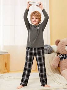 SHEIN Leap Crew Boys Letter Graphic Tee & Plaid Trousers PJ Set
