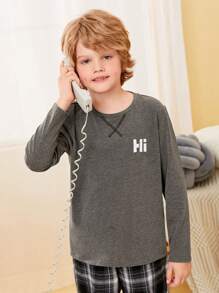 SHEIN Leap Crew Boys Letter Graphic Tee & Plaid Trousers PJ Set