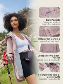 In My Nature 女士連帽中長款防水戶外遠足,運動,城市通勤防風夾克帶充分按防水膠水 - 粉色 - 查看 3