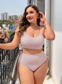 SHEIN Plus Size Plain High Waisted Bikini Set Summer Beach - Dusty Pink - View 1