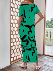 SHEIN LUNE 圖案印花隱藏口袋T恤洋裝 - 綠色 - 查看 2