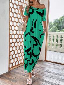 SHEIN LUNE 圖案印花隱藏口袋T恤洋裝 - 綠色 - 查看 4