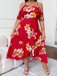 SHEIN Clasi 大碼印花挖肩荷葉邊圍裹洋裝