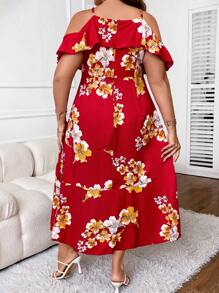 SHEIN Clasi 大碼印花挖肩荷葉邊圍裹洋裝