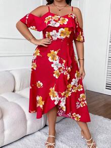 SHEIN Clasi 大碼印花挖肩荷葉邊圍裹洋裝