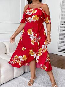 SHEIN Clasi 大碼印花挖肩荷葉邊圍裹洋裝