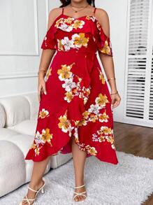 SHEIN Clasi 大碼印花挖肩荷葉邊圍裹洋裝