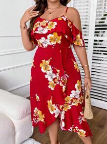 SHEIN Clasi 大碼印花挖肩荷葉邊圍裹洋裝