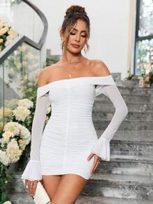 一字肩荷葉袖褶邊緊身連衣裙 - 白色 - 查看 6