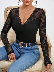 SHEIN Privé Contrast Lace V Neck Tee - Black - View 1