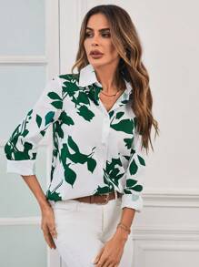 SHEIN Clasi 植物圖案前紐扣襯衫 - 綠色 - 查看 4