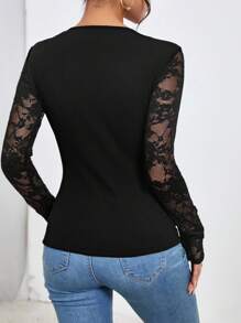 SHEIN Privé Contrast Lace V Neck Tee - Black - View 2