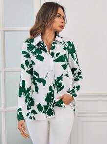 SHEIN Clasi 植物圖案前紐扣襯衫 - 綠色 - 查看 5