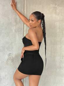 SHEIN SXY Bộ đồ hai mảnh nữ Túi Dây kéo màu trơn Gợi cảm - màu đen - Xem 2