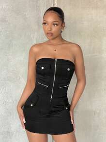 SHEIN SXY Bộ đồ hai mảnh nữ Túi Dây kéo màu trơn Gợi cảm - màu đen - Xem 3