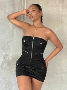 SHEIN SXY Bộ đồ hai mảnh nữ Túi Dây kéo màu trơn Gợi cảm - màu đen - Xem 5