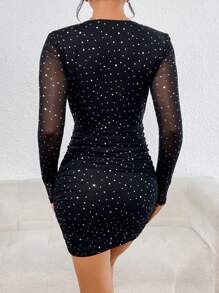SHEIN Privé Rhinestone Chi tiết Xù Váy bodycon - màu đen - Xem 3