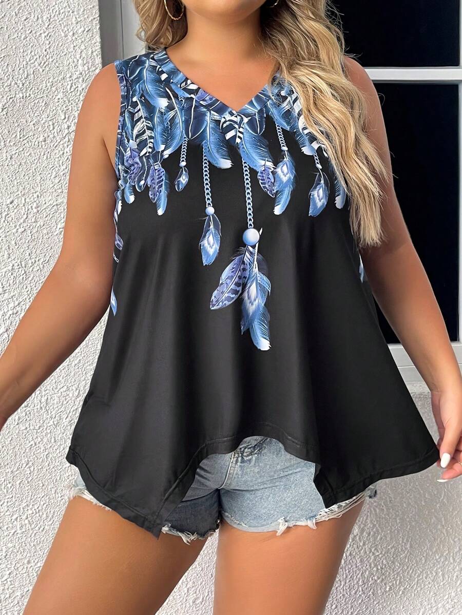 SHEIN LUNE 大碼羽毛印花不對稱下擺背心上衣 - 黑色 - 查看 1