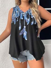 SHEIN LUNE 大碼羽毛印花不對稱下擺背心上衣 - 黑色 - 查看 3