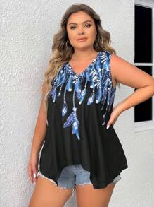 SHEIN LUNE 大碼羽毛印花不對稱下擺背心上衣 - 黑色 - 查看 4