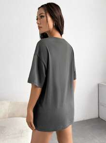 SHEIN EZwear 女士休闲字母图案宽松圆领短袖T恤，适合夏季穿着 - 深灰色 - 查看 3