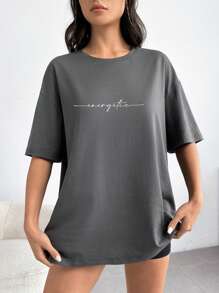 SHEIN EZwear 女士休闲字母图案宽松圆领短袖T恤，适合夏季穿着 - 深灰色 - 查看 4