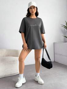 SHEIN EZwear 女士休闲字母图案宽松圆领短袖T恤，适合夏季穿着 - 深灰色 - 查看 5