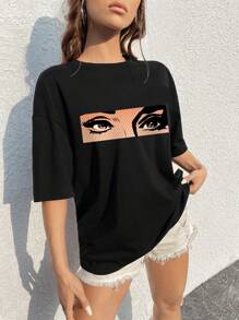 SHEIN EZwear 人像圖案落肩袖超大號T恤 - 黑色 - 查看 1