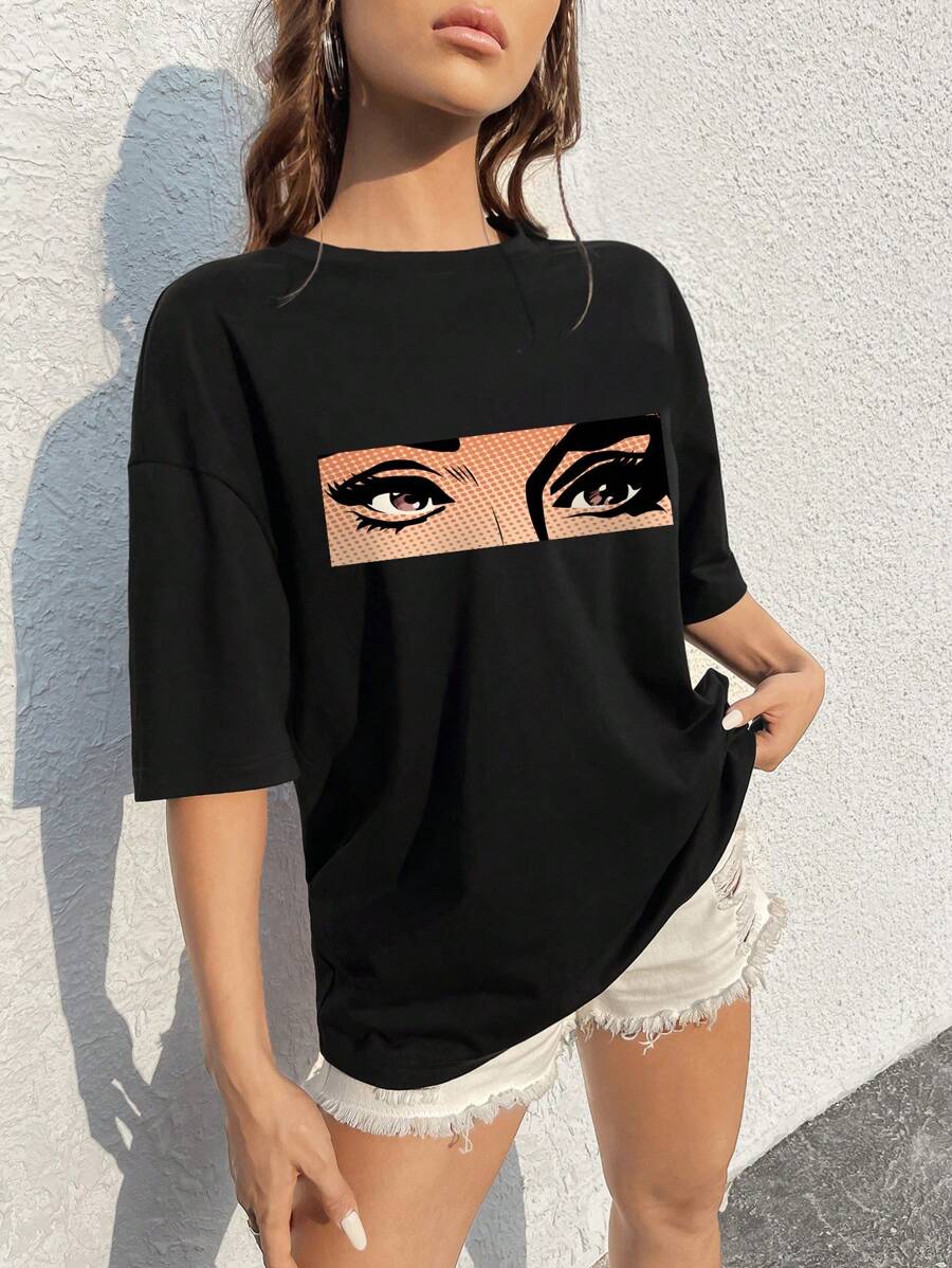 SHEIN EZwear 人像圖案落肩袖超大號T恤 - 黑色 - 查看 1