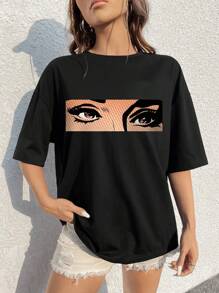 SHEIN EZwear 人像圖案落肩袖超大號T恤 - 黑色 - 查看 2