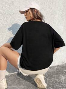 SHEIN EZwear 人像圖案落肩袖超大號T恤 - 黑色 - 查看 4