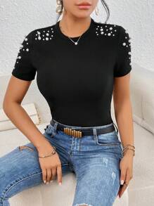 SHEIN Privé 珍珠串珠條紋針織T恤 - 黑色 - 查看 4