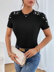 SHEIN Privé 珍珠串珠條紋針織T恤 - 黑色 - 查看 5