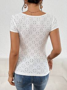 SHEIN Privé 雞心領口網眼刺繡T恤 - 白色 - 查看 2