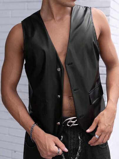 FeverCity Men Flap Detail PU Leather Vest Jacket, Going Out Black Vest, For Friends, Husband, Boyfriend Gifts, For Fall Winter