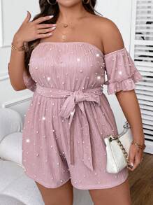 SHEIN BAE Hơn Ngọc trai đính cườm Off Shoulder Tay áo loe Thắt lưng Romper - Bụi hồng - Xem 3