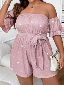 SHEIN BAE Hơn Ngọc trai đính cườm Off Shoulder Tay áo loe Thắt lưng Romper - Bụi hồng - Xem 4