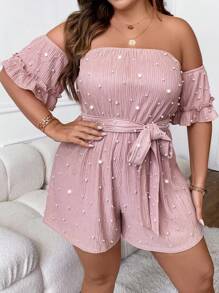 SHEIN BAE Hơn Ngọc trai đính cườm Off Shoulder Tay áo loe Thắt lưng Romper - Bụi hồng - Xem 7