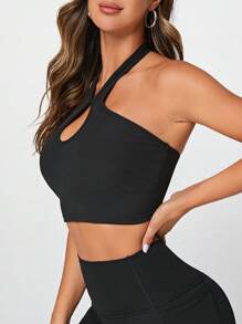 SHEIN Yoga Sxy 前鏤空繞頸露背短款運動型文胸 - 黑色 - 查看 5