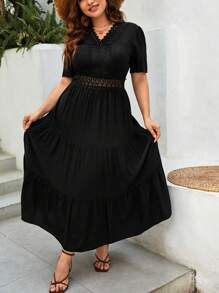 SHEIN VCAY Plus Guipure Lace Insert Layered Hem Dress - Black - View 4