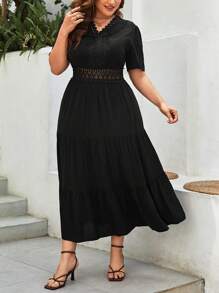 SHEIN VCAY Plus Guipure Lace Insert Layered Hem Dress - Black - View 5