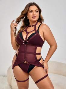 Exotic-Bondage Talla grande vinculado con aro de malla arnés Body con 1 par Anillo de pierna - Burdeos - Ver 1