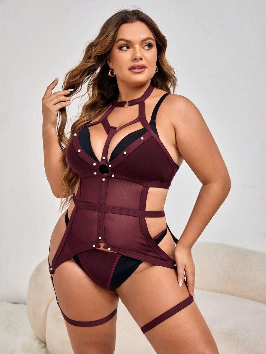 Exotic-Bondage Talla grande vinculado con aro de malla arnés Body con 1 par Anillo de pierna - Burdeos - Ver 1