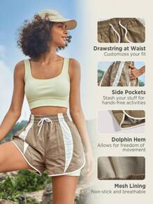 In My Nature Của phụ nữ Retro Khối màu Đàn hồi Dây thắt lưng Chống giật gân Ngoài trời Thể thao Đi bộ du lịch Quần short - Màu Khaki - Xem 2