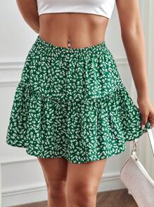 SHEIN PETITE 碎花荷葉邊半身裙 - 綠色 - 查看 1