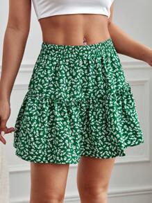 SHEIN PETITE 碎花荷葉邊半身裙 - 綠色 - 查看 4