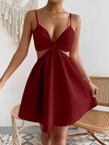 SHEIN SXY 素色腰部鏤空吊帶連衣裙 - 紅色 - 查看 4