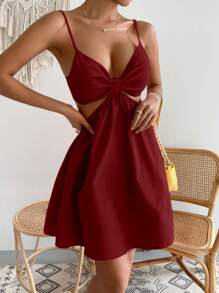 SHEIN SXY 素色腰部鏤空吊帶連衣裙 - 紅色 - 查看 6