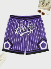 Manfinity VCAY Men Striped & Letter Graphic Drawstring Waist Shorts - Purple - View 1